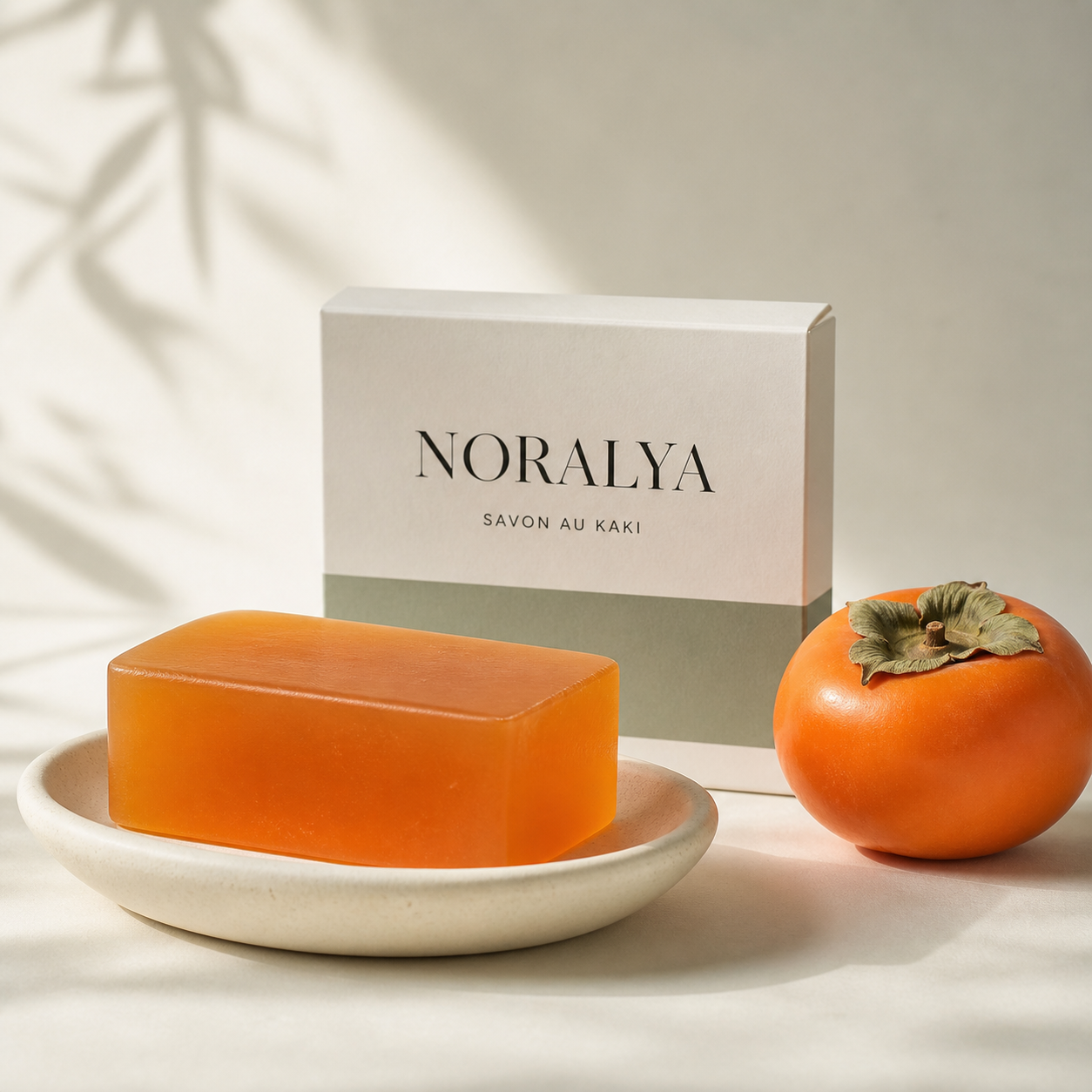 Maquette du savon au kaki Noralya avec son étui crème et sauge