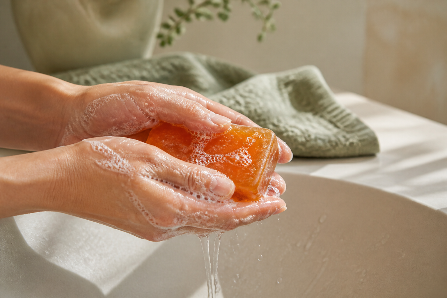 Illustration du rituel : des mains font mousser un savon dans un lavabo