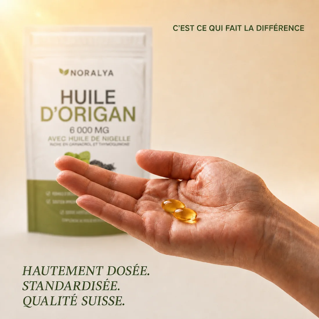 Sachet Noralya présenté dans une main